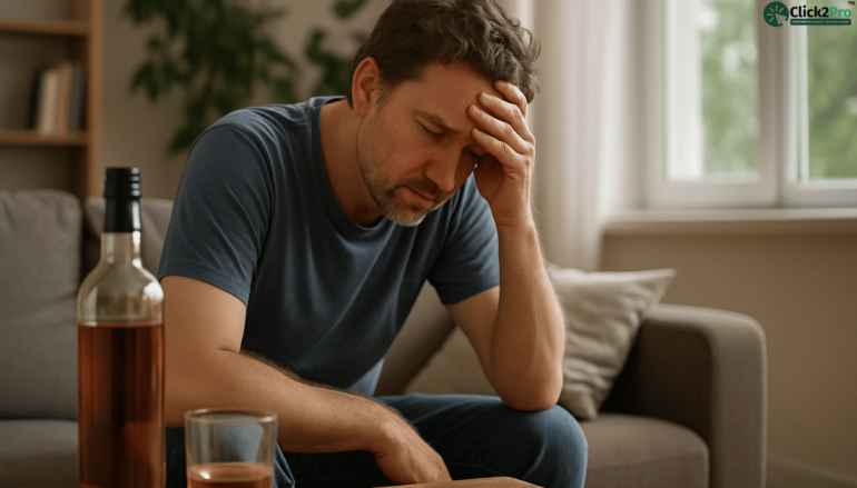 Man experiencing alcohol withdrawal symptoms at home with bottle and glass on table