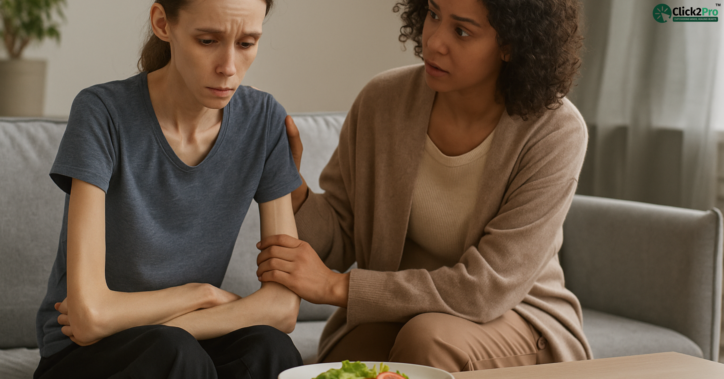 Woman supporting friend with anorexia during recovery conversation at home