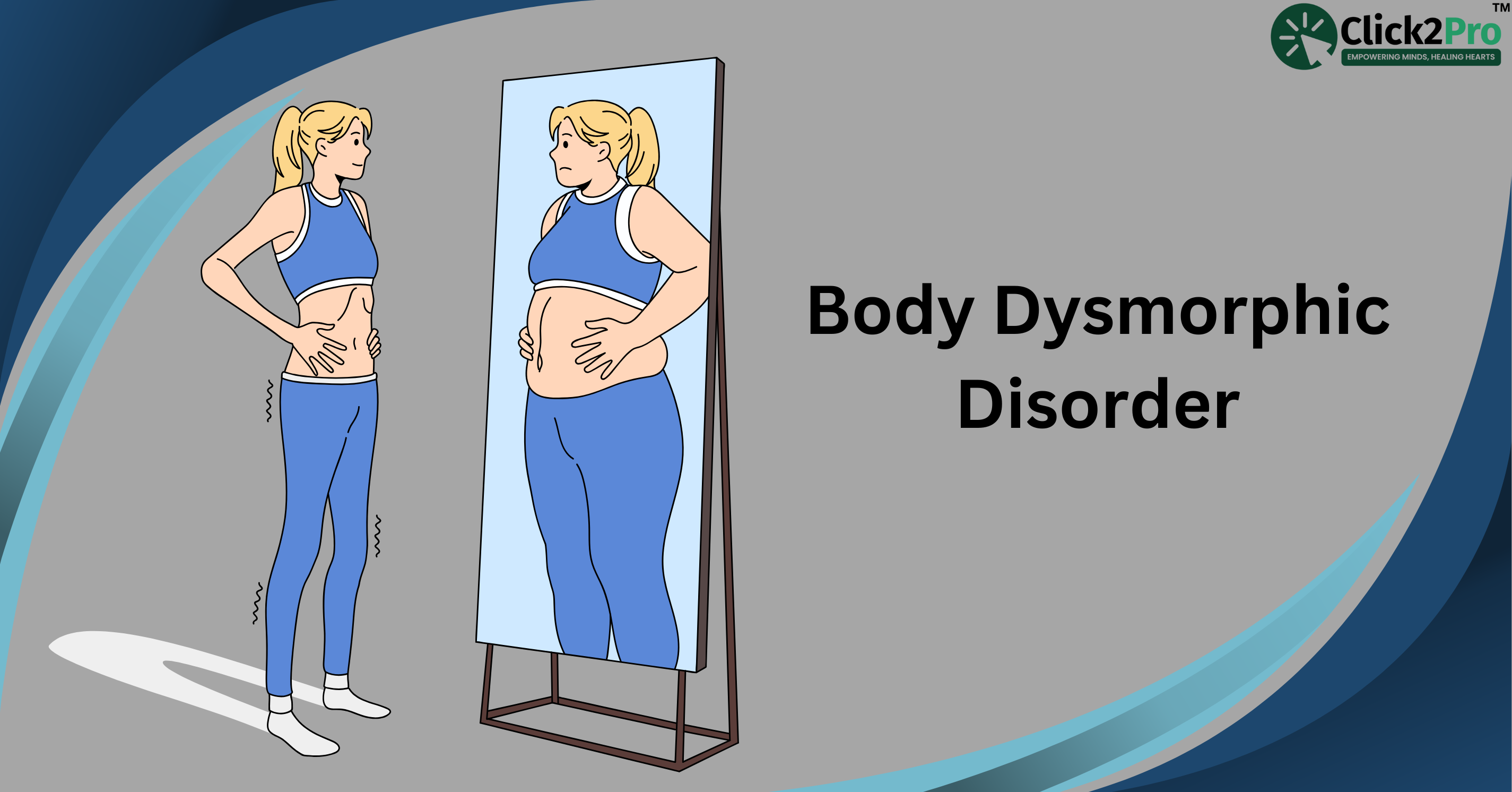 Illustration of body dysmorphic disorder showing a distorted self-image in the mirror reflection.
