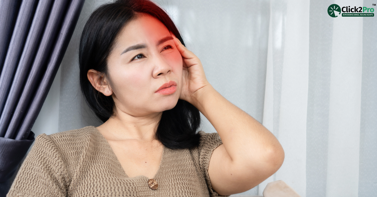 Woman experiencing discomfort from chronic eye condition, linking to anxiety and depression issues.