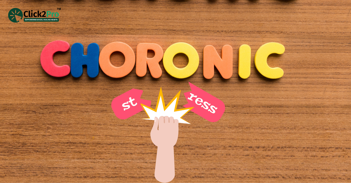 Chronic stress management and therapy - colorful text breaking stress with Click2Pro logo