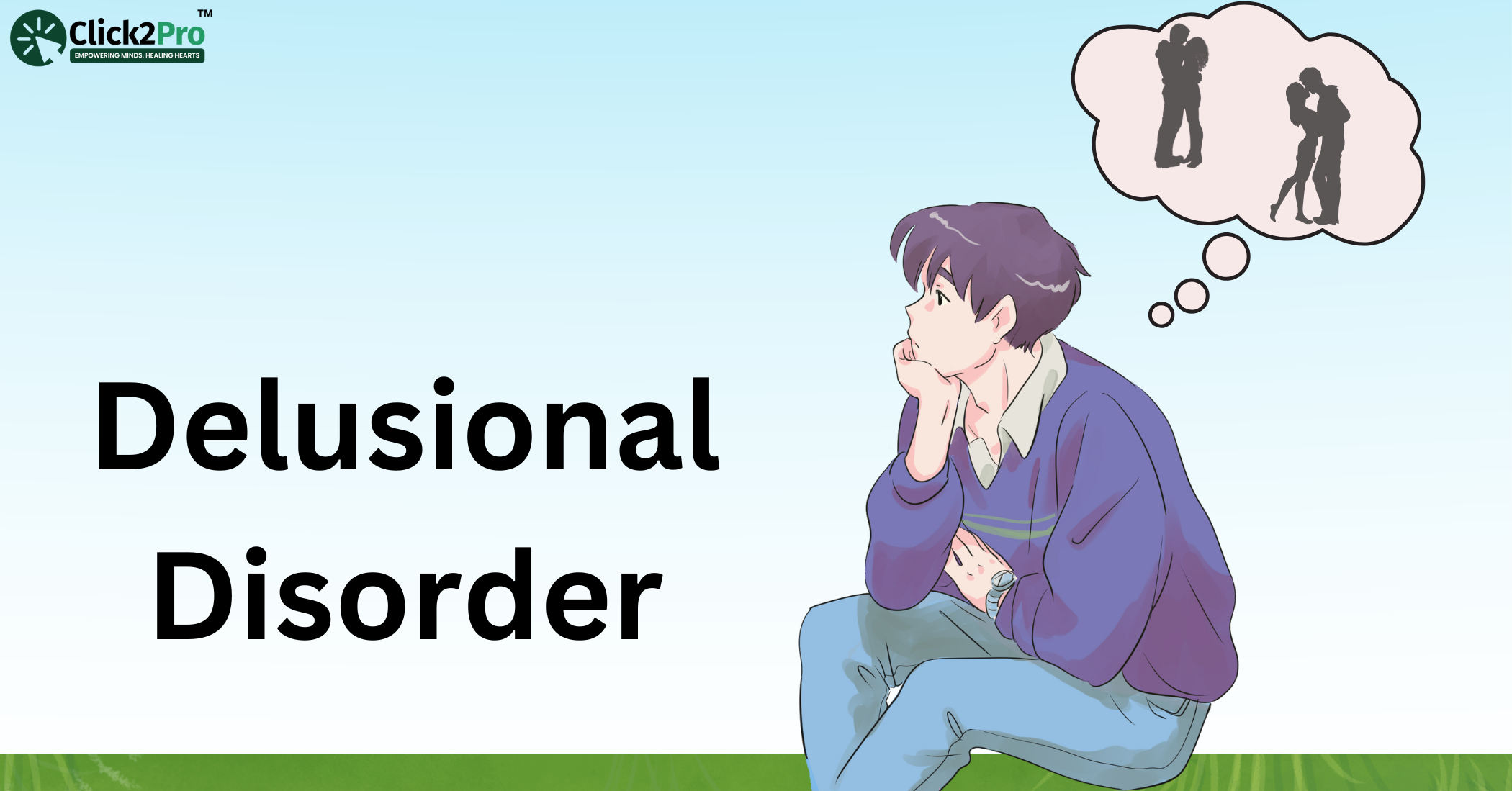 Delusional Disorder concept illustration showing a person lost in thought with delusional imagery.