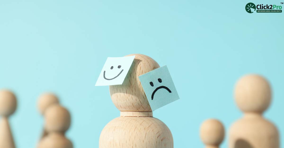 Wooden figure with happy and sad faces representing split personality disorder signs.