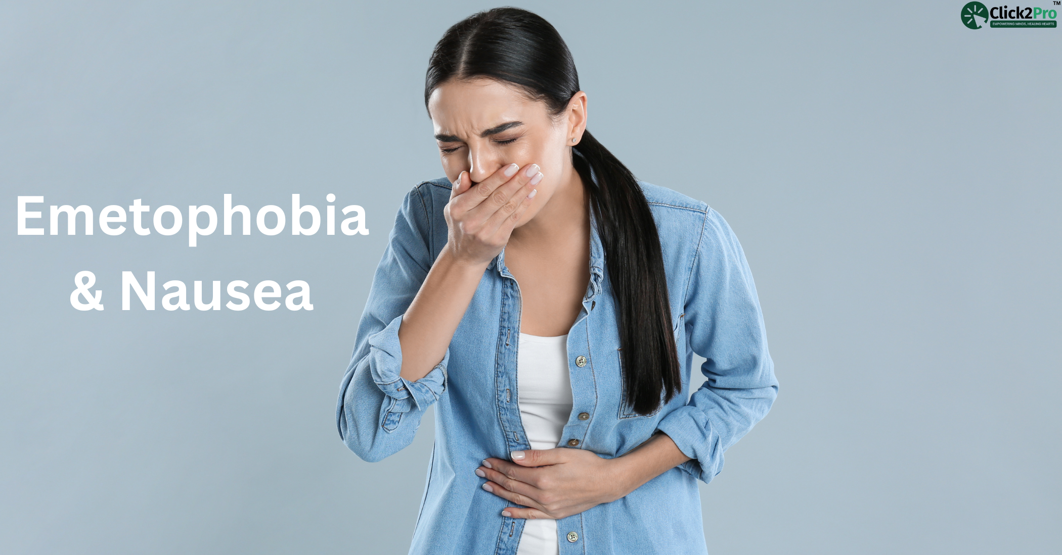 Woman feeling nauseous due to emetophobia, clutching stomach and covering mouth in distress.