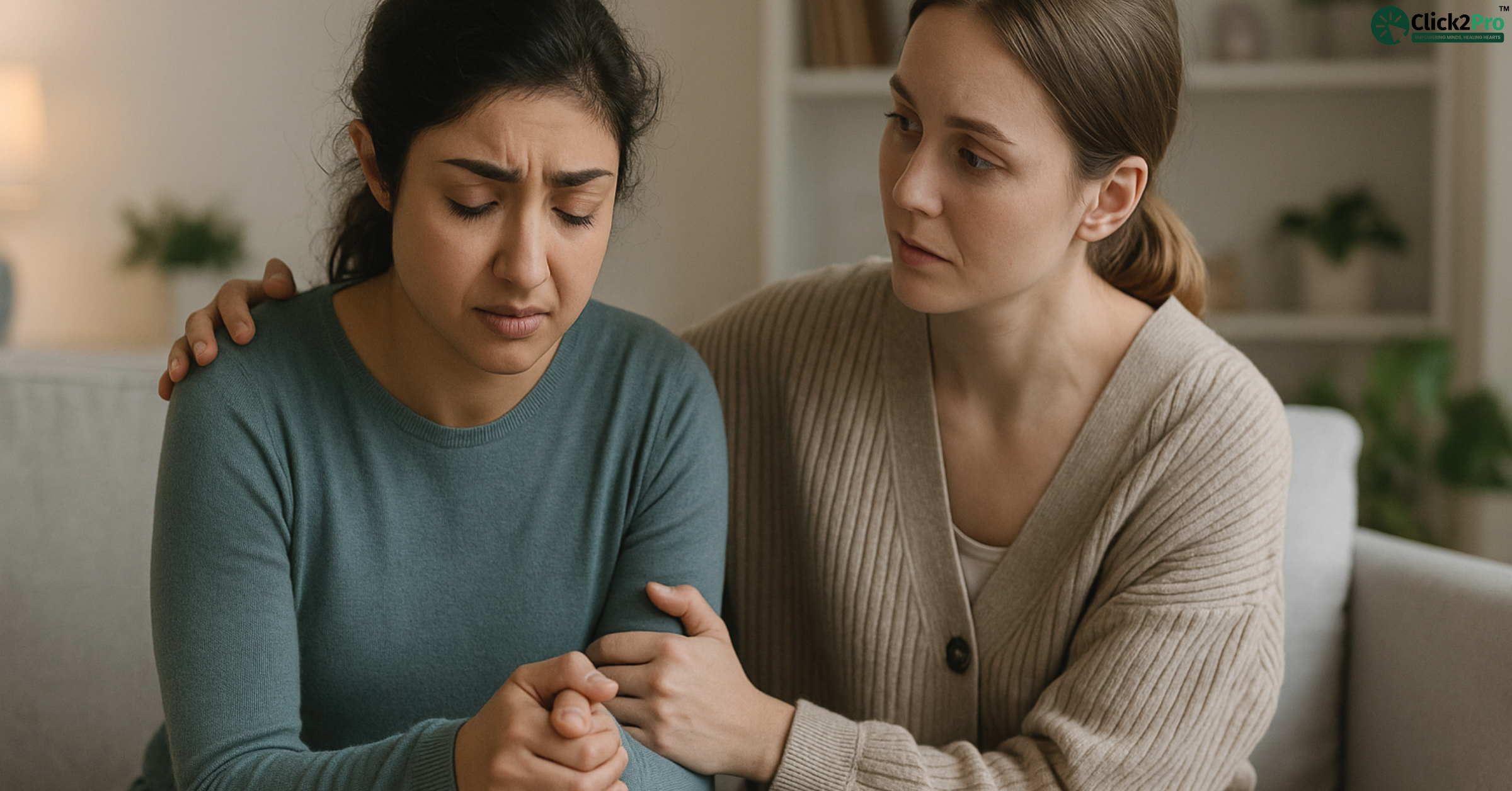 Empath offering emotional support to a distressed woman during a therapy session.