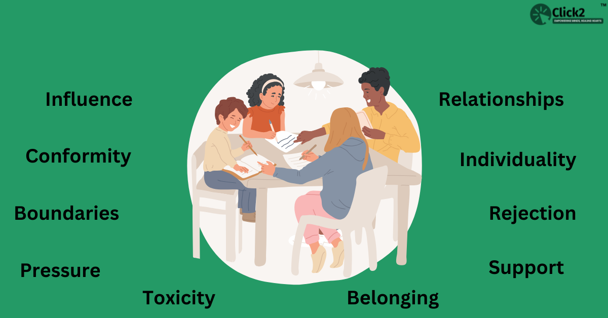 Illustration of group dynamics and peer pressure showcasing friendship influence, belonging, and support.
