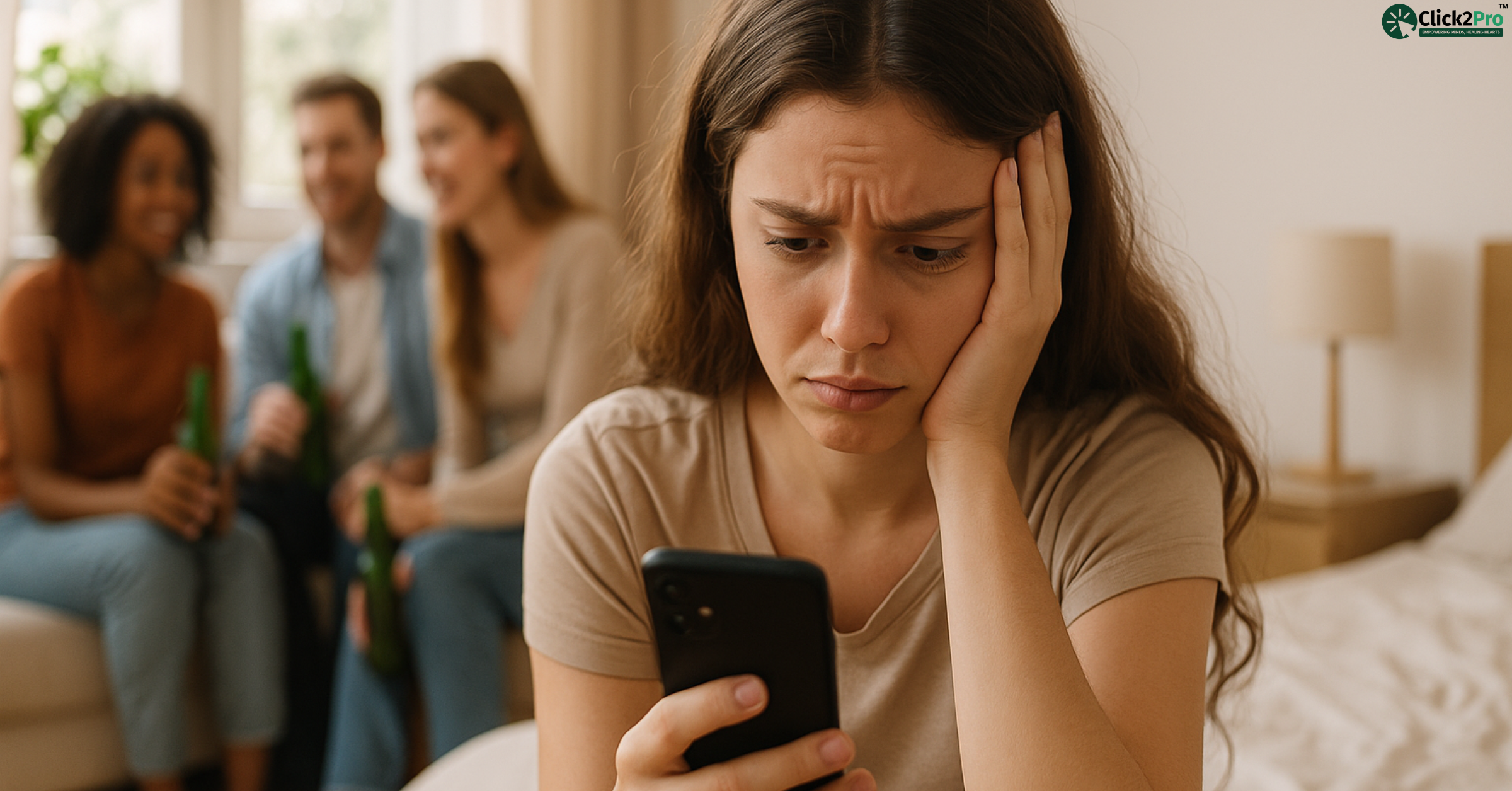 Woman feeling anxious from FOMO while checking phone as friends socialize in background
