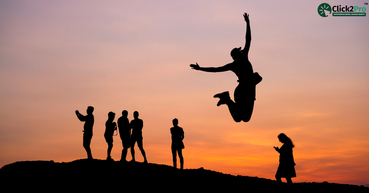 People overcoming fear of heights and crowds; virtual reality exposure therapy concept, Click2Pro logo.