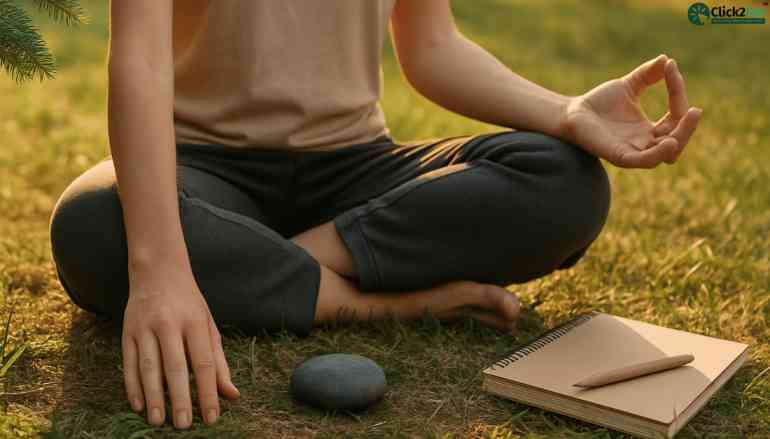 Person practicing grounding meditation outdoors with journal and stone for mindfulness