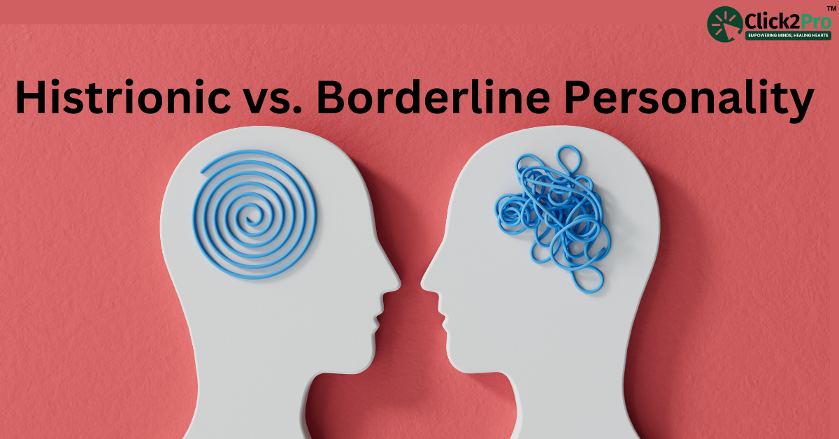 Illustration of Histrionic vs. Borderline Personality Disorder with brain patterns highlighting differences.
