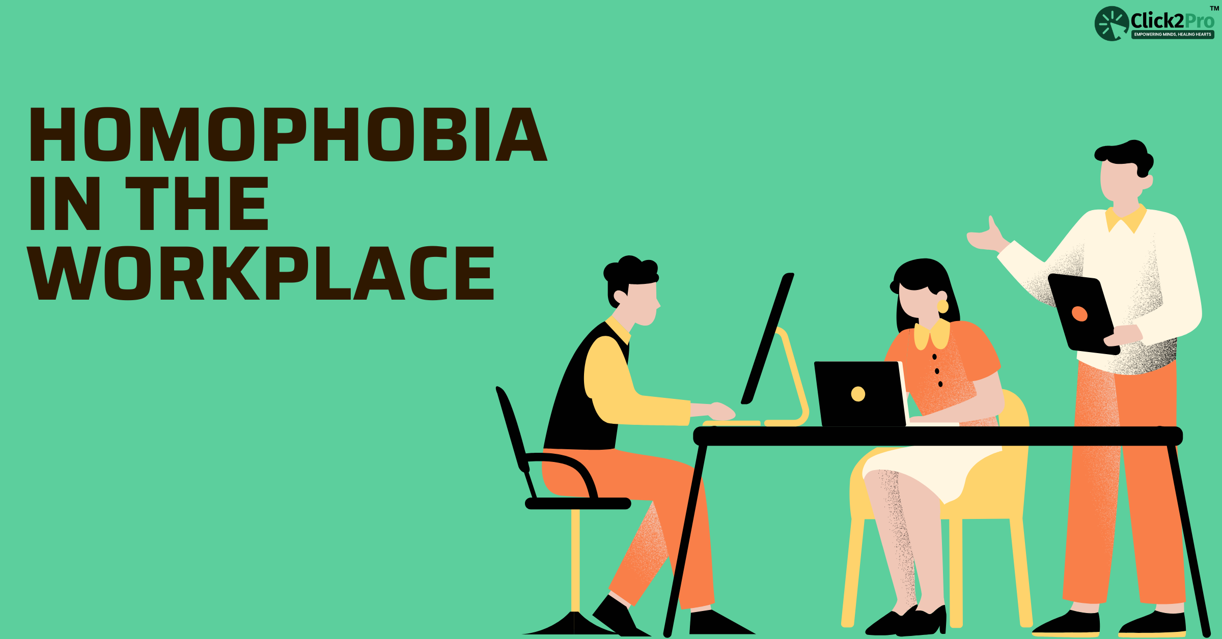 Illustration of workplace homophobia with employees and 'Homophobia in the Workplace' text.