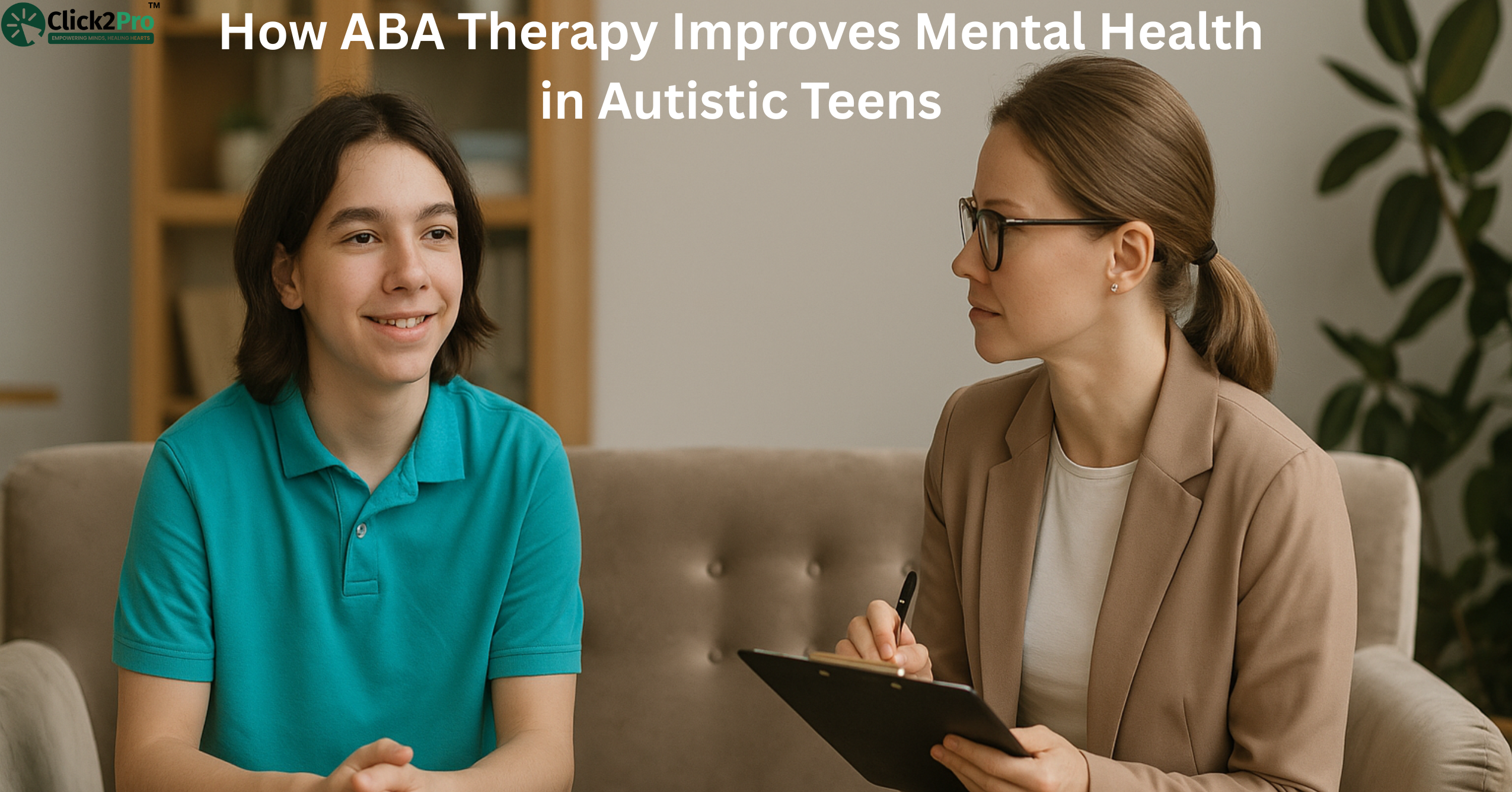 Teen in ABA therapy session with psychologist discussing mental health improvement strategies.