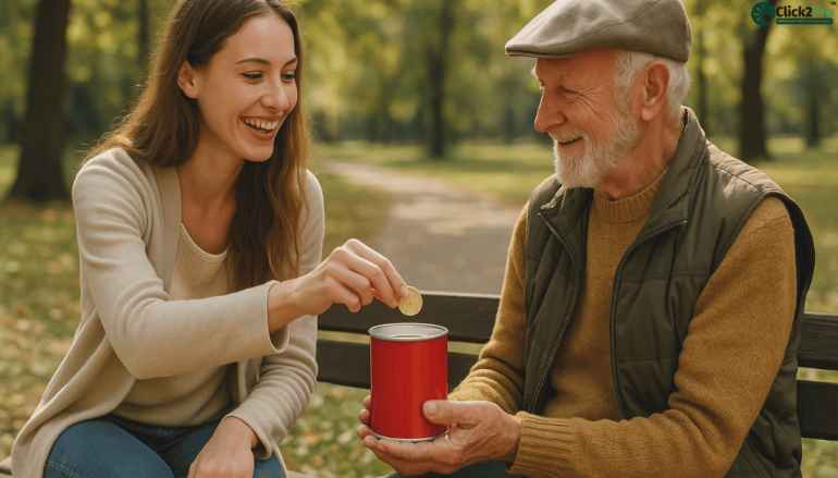 Young woman donating to elderly man outdoors, symbolizing altruism and happiness