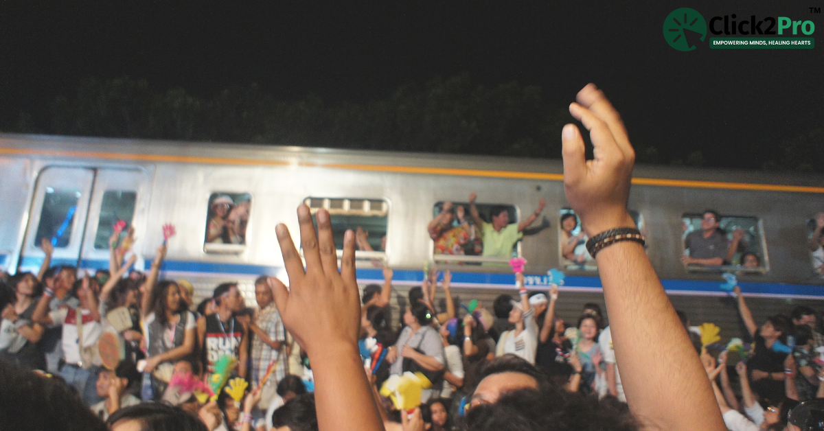 Urban crowd near noisy train raises hands, depicting anxiety from city noise and overcrowding stress.