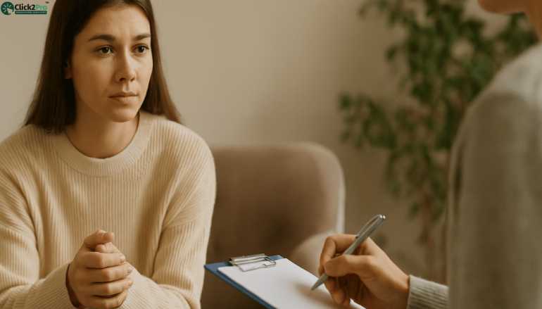Woman in CBT therapy session discussing mental health with a psychologist