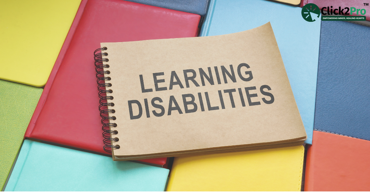 Notebook with 'Learning Disabilities' text on colorful folders background, representing child development challenges.