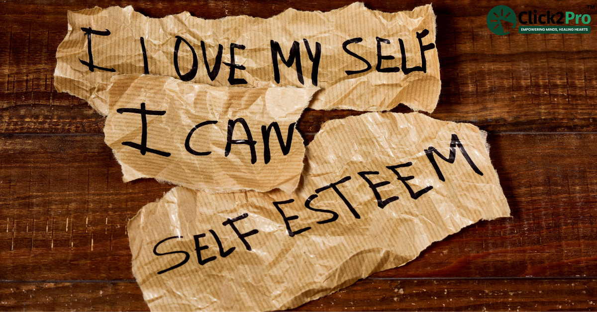 Torn paper with empowering self-esteem phrases: I love myself, I can, self-esteem, symbolizing self-worth.