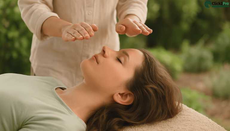 Reiki healing session for stress and anxiety relief outdoors