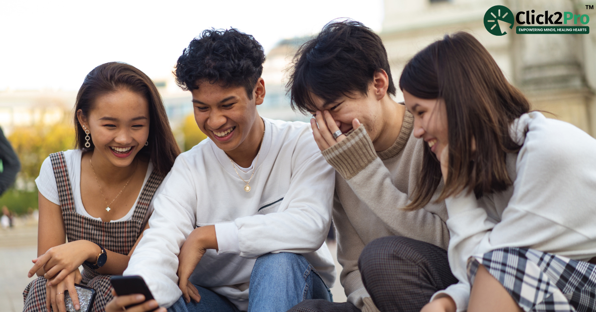 Group of smiling adolescents sharing a moment, highlighting the impact of social connections on teens.