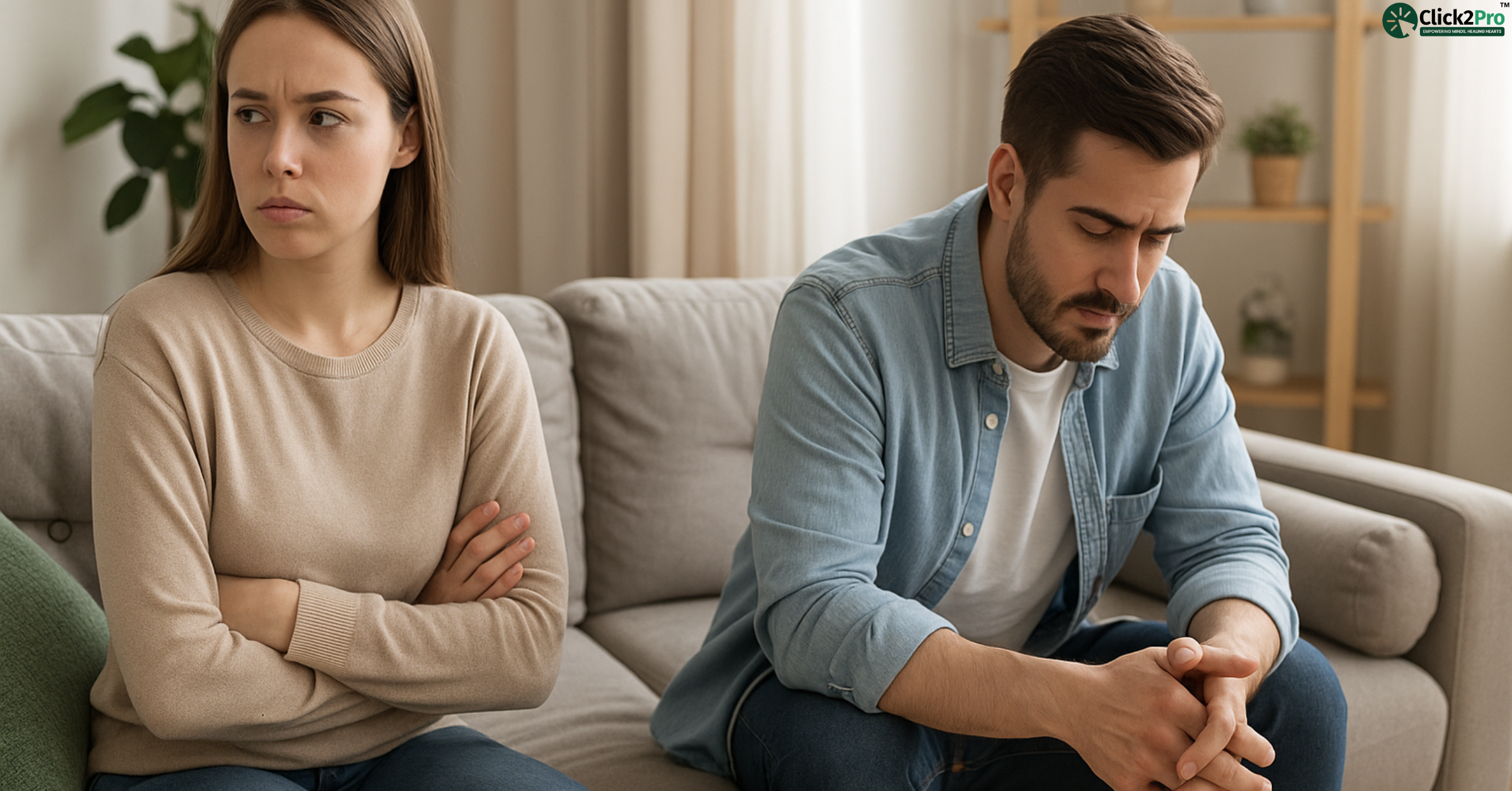 Couple sitting apart on a couch, showing tension and stress in their relationship