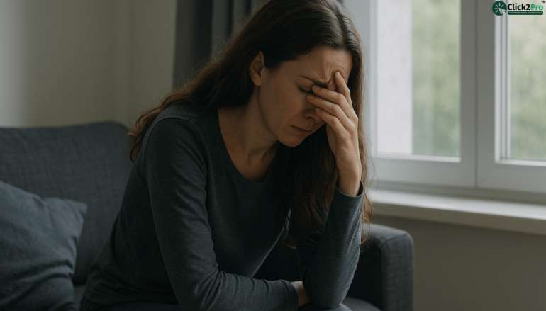 Woman grieving indoors, showing emotional stress linked to 5 stages of grief and mental health