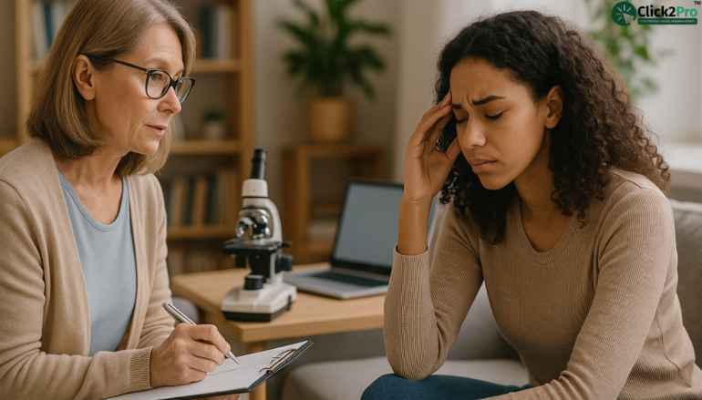 Psychologist talking to a young woman during a mental health therapy session at Click2Pro