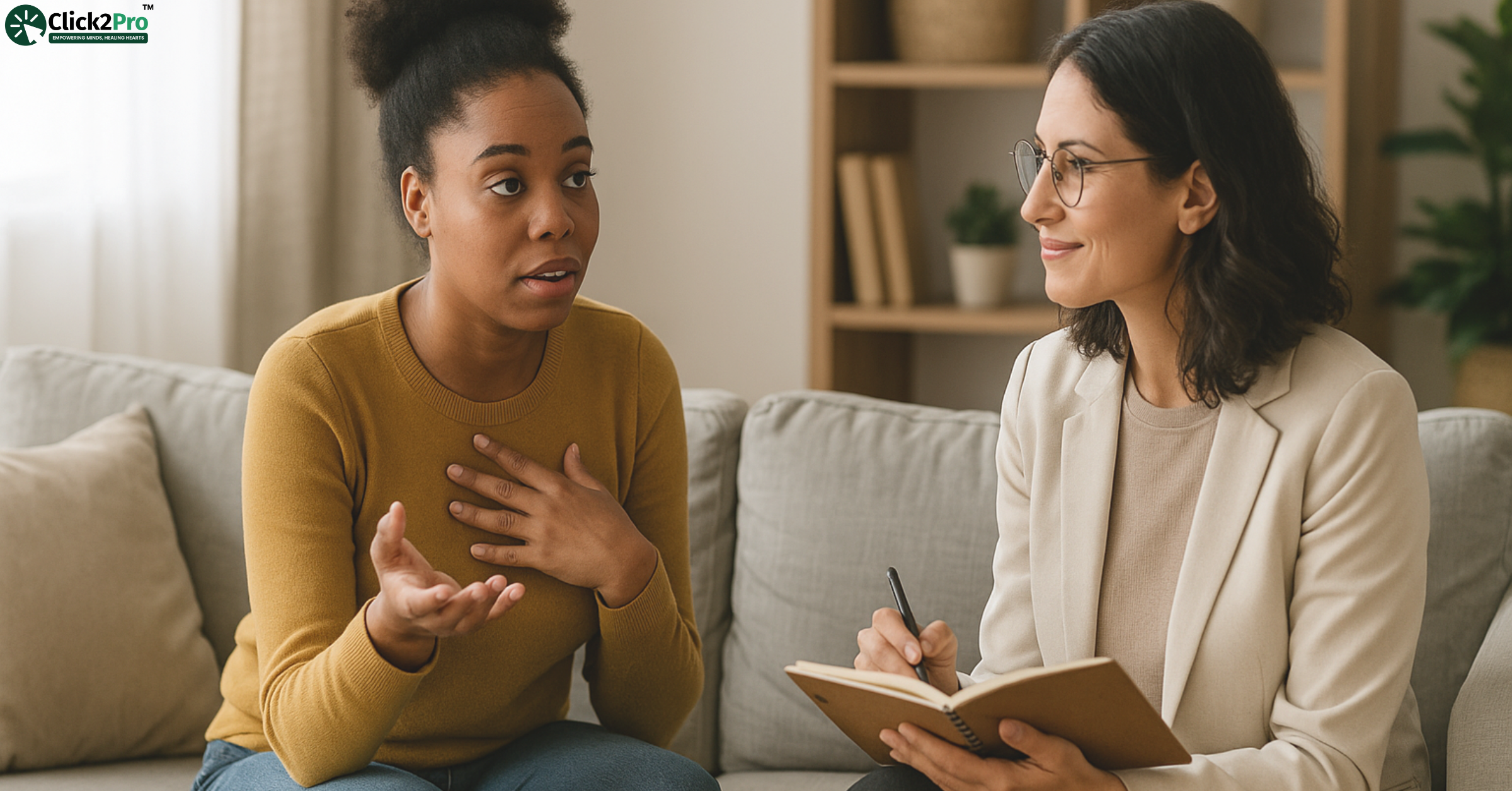 Therapist listening to client during counseling session for right fit assessment
