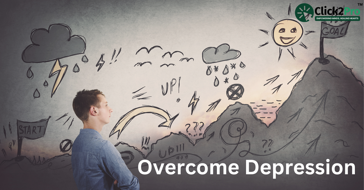 Man facing challenges of depression with positive goal imagery, promoting therapy and emotional support.