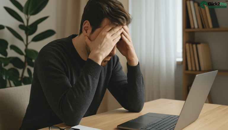 Stressed INTJ man facing burnout while working on laptop at home office