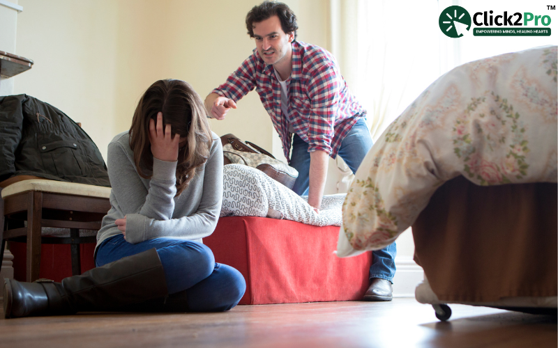 Emotional abuse in relationships: woman feeling distressed as partner shows aggression, Click2Pro support