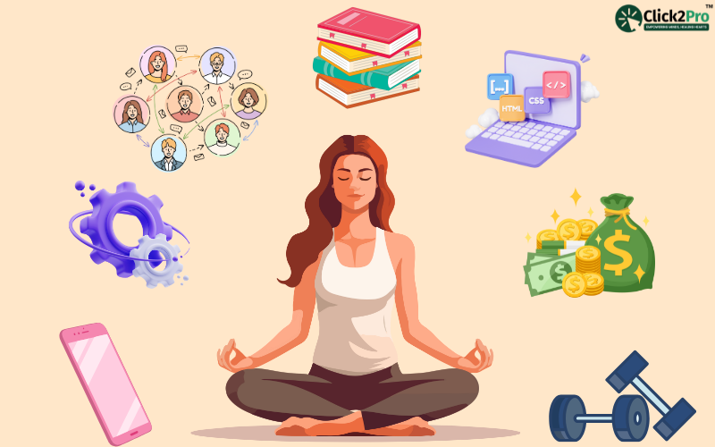 Mindfulness practice for stress relief and focus amidst work, learning, fitness, and finances