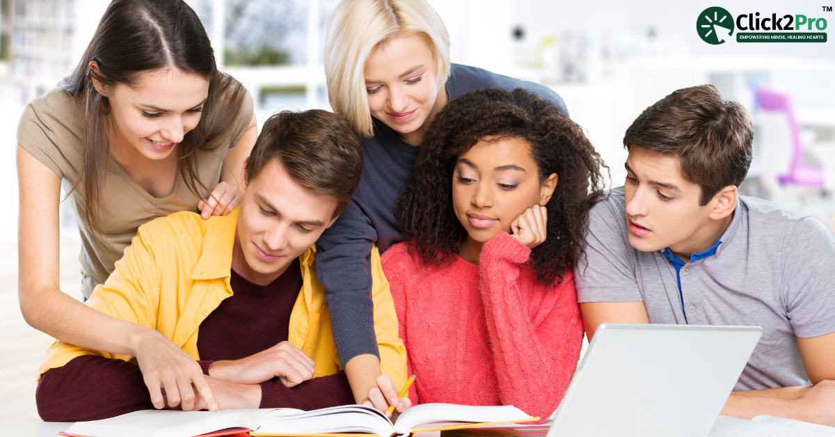 Teens studying together, overcoming social phobia through support, guidance, and online therapy in Jalgaon.