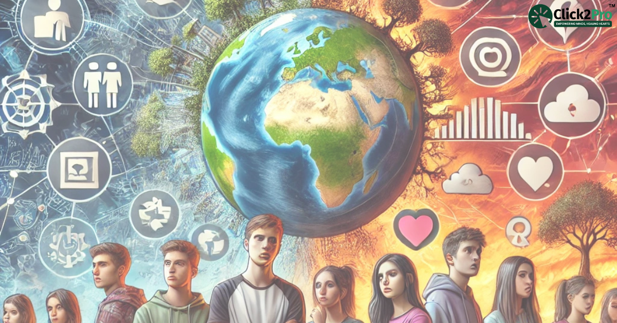 Young people facing global challenges like climate change, social media stress, and economic uncertainty.