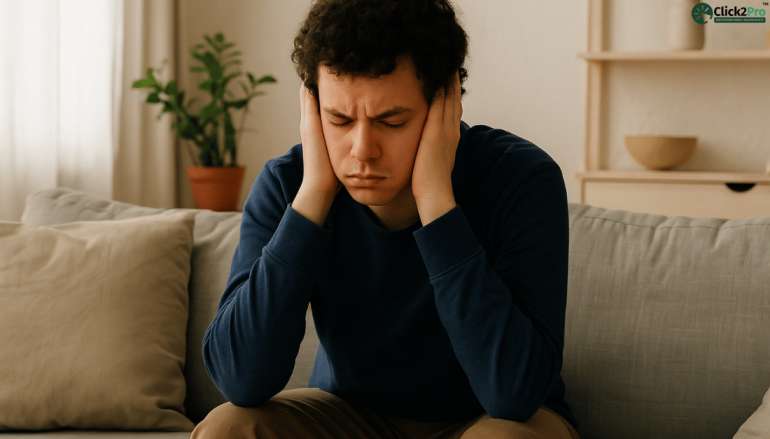 Man covering ears showing stress and anxiety linked to autism symptoms at home setting.
