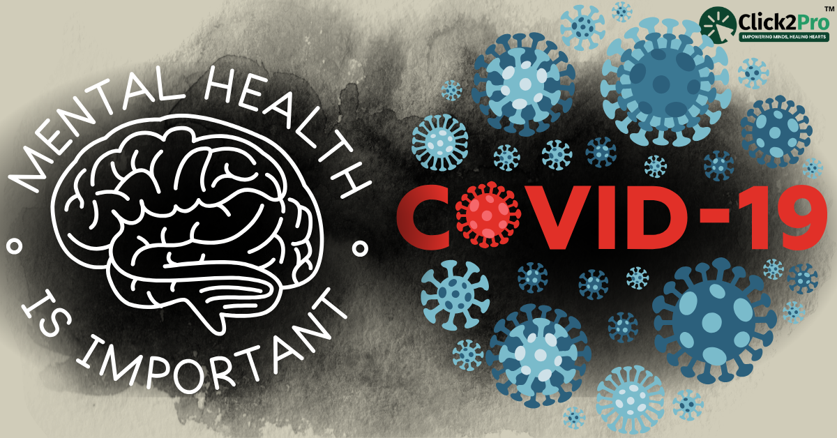 Illustration highlighting the importance of mental health in COVID-19 recovery, with brain and virus icons.