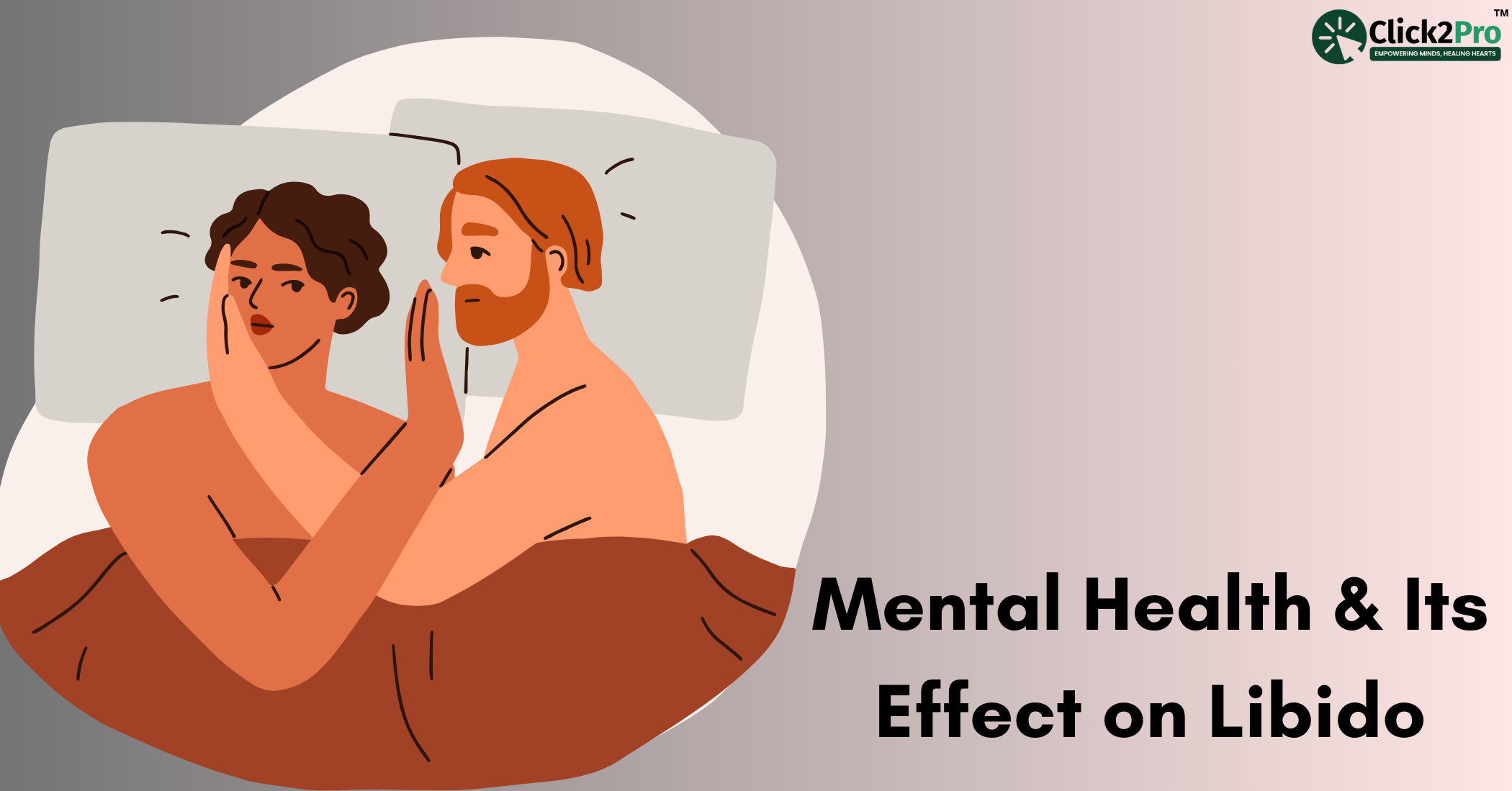 Illustration of a couple in bed, highlighting the impact of mental health on libido and intimacy concerns.