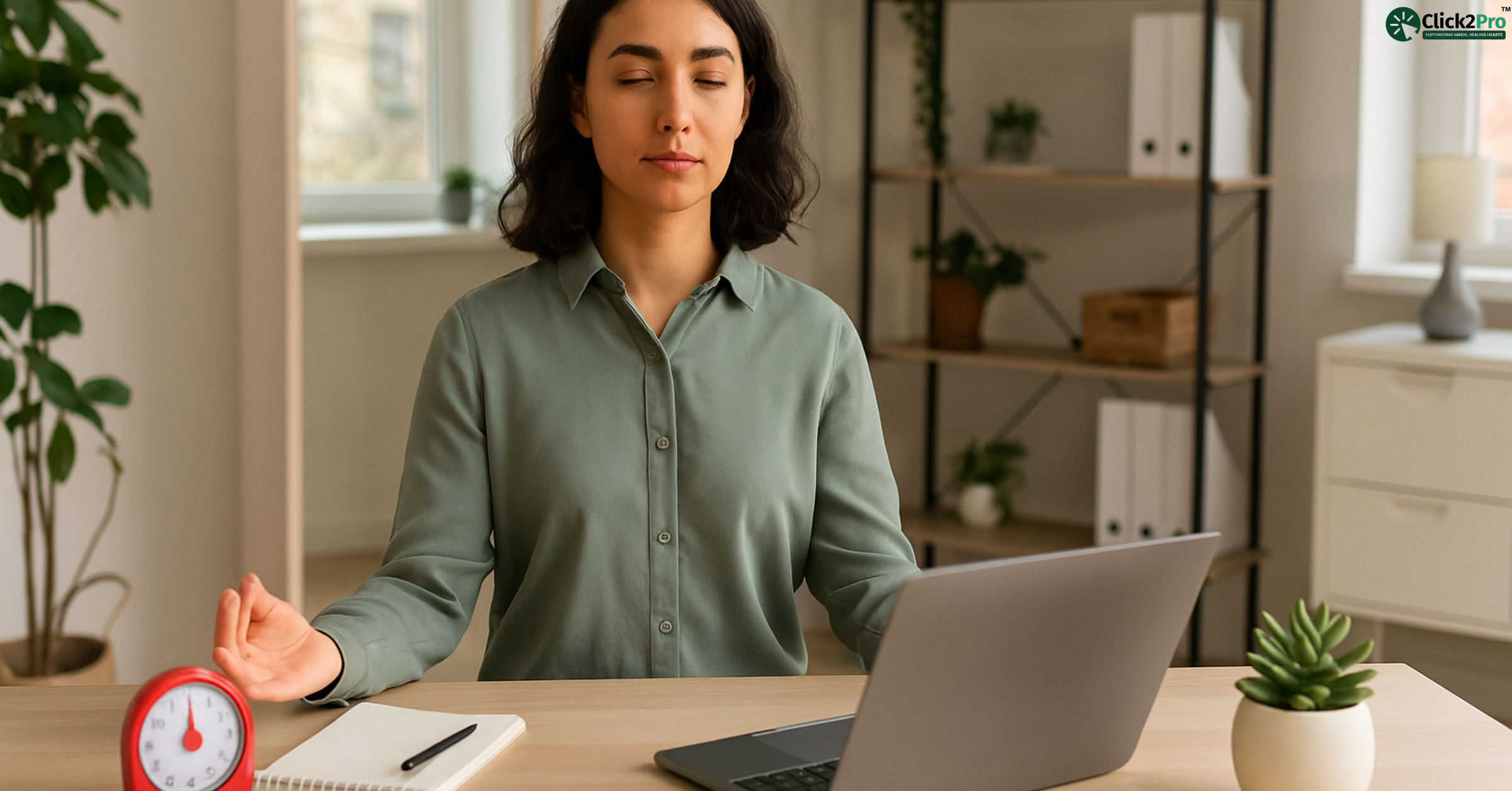 Woman practicing mindful Pomodoro technique during work with timer, laptop, and meditation