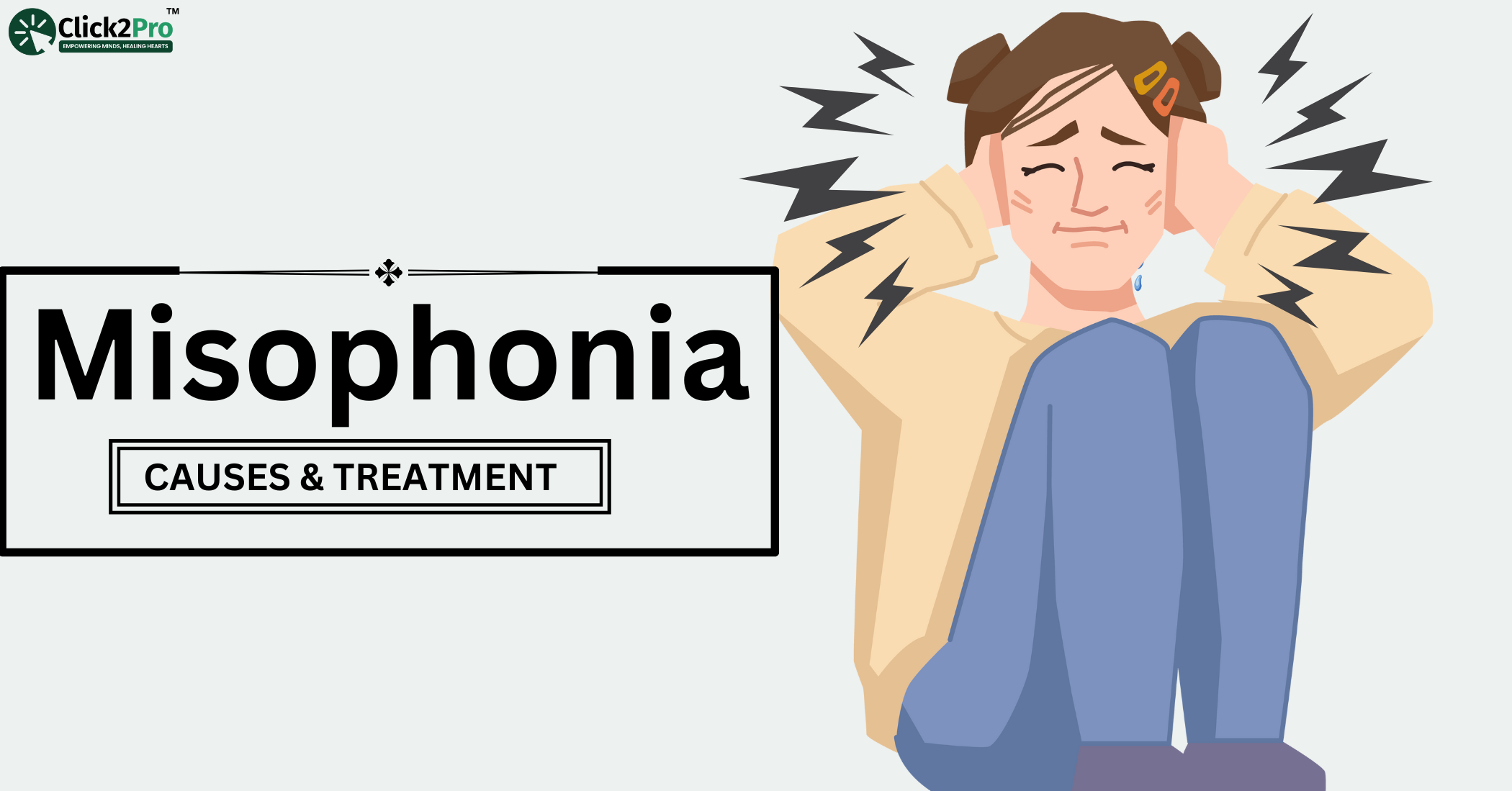 Misophonia: Causes and Treatment – Illustration of a distressed girl covering ears due to sound sensitivity.