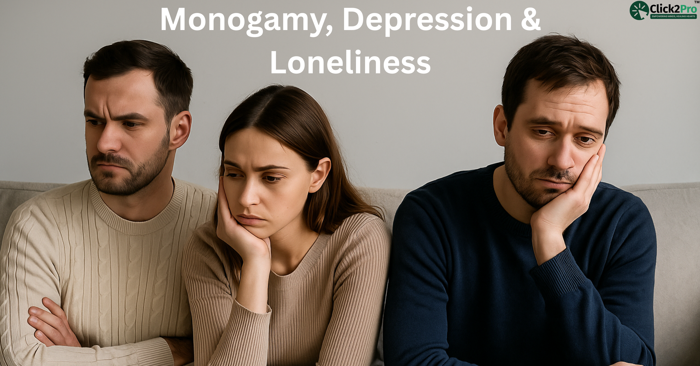 Three adults looking sad, reflecting emotional strain from monogamy and loneliness in relationships.