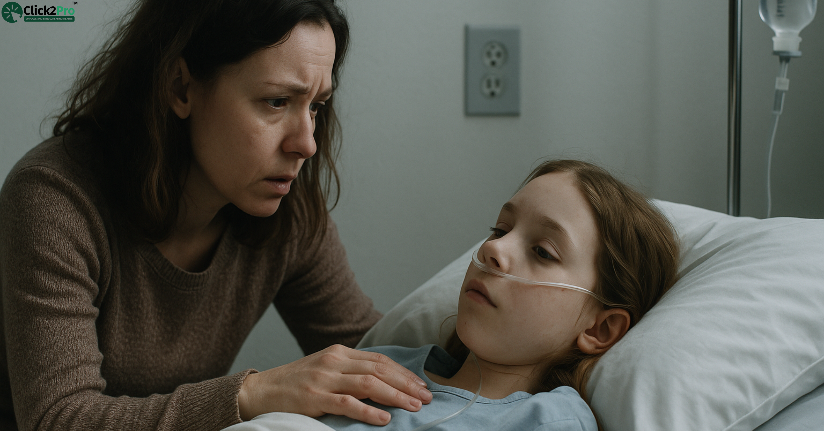 Worried mother beside hospitalized child showing signs of Munchausen by Proxy abuse