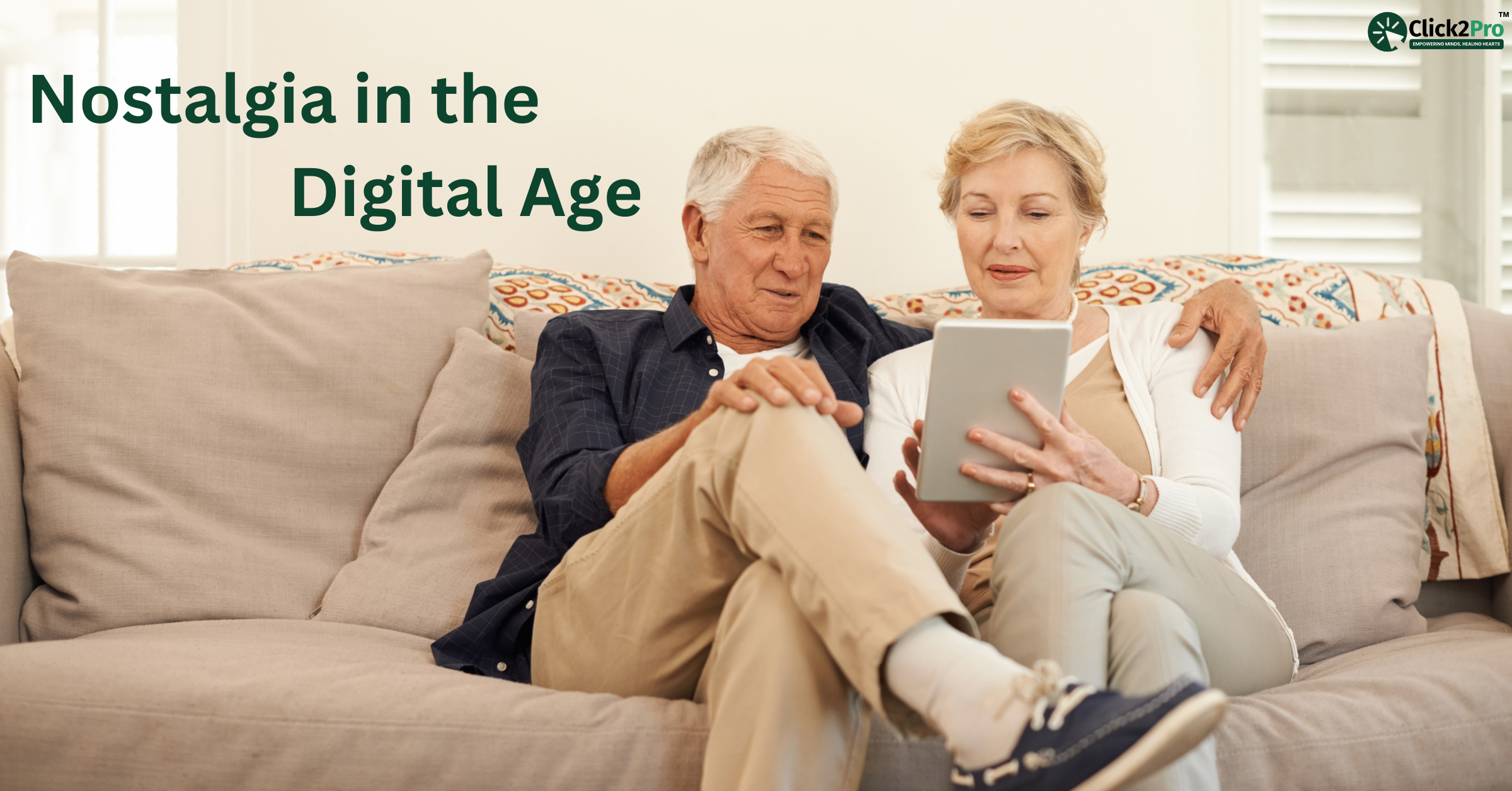 Elderly couple reminiscing through digital memories on a tablet, representing nostalgia in the digital age.