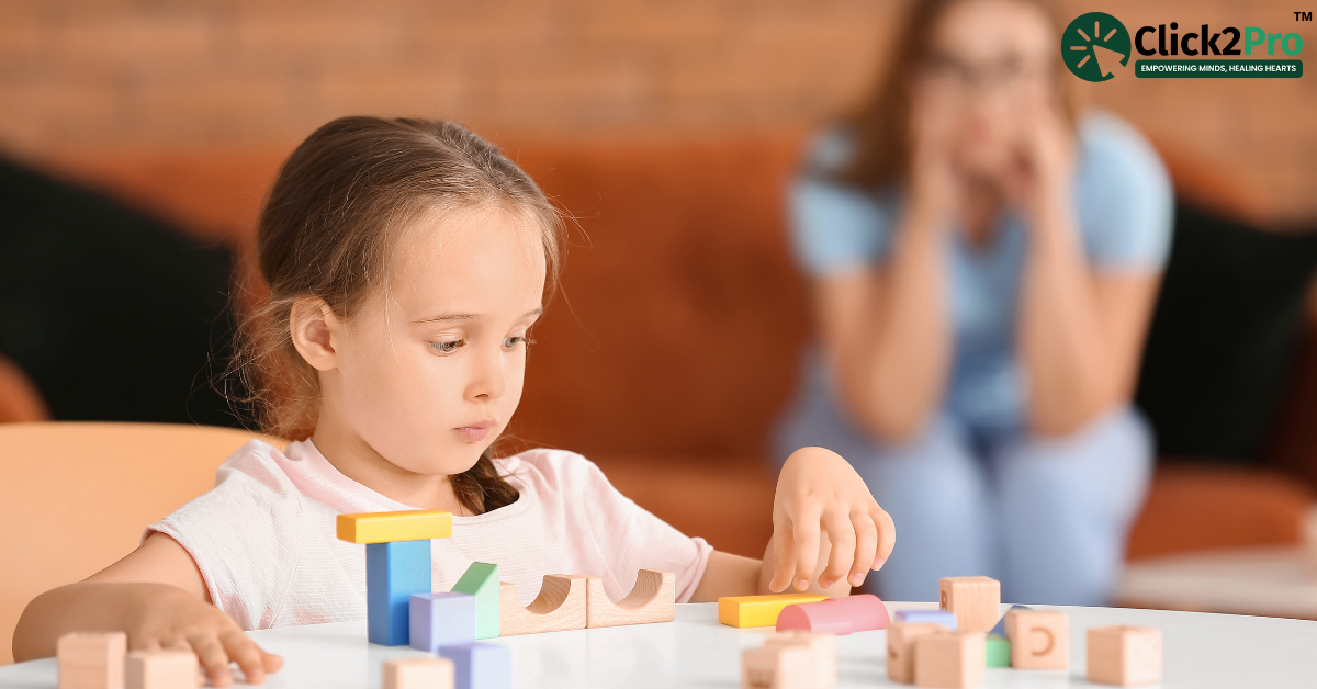 Child with Reactive Attachment Disorder playing with blocks as concerned parent watches in the background.
