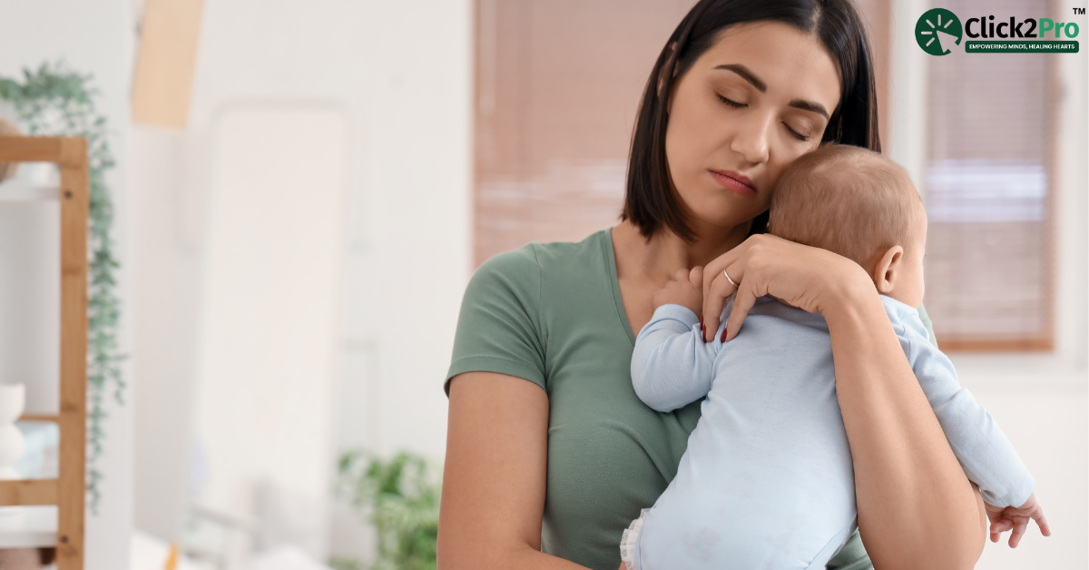 Tired mother holding baby, showing signs of postpartum psychosis, needing early diagnosis and care.