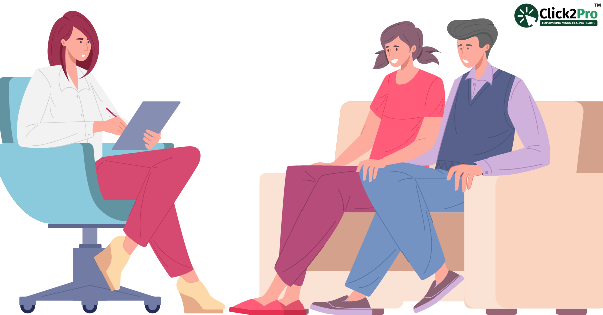 Couple discussing with a therapist during premarital counselling session at Click2Pro.
