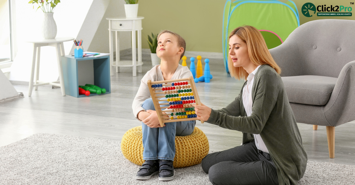 Therapist guiding a child with Reactive Attachment Disorder using play therapy techniques indoors.