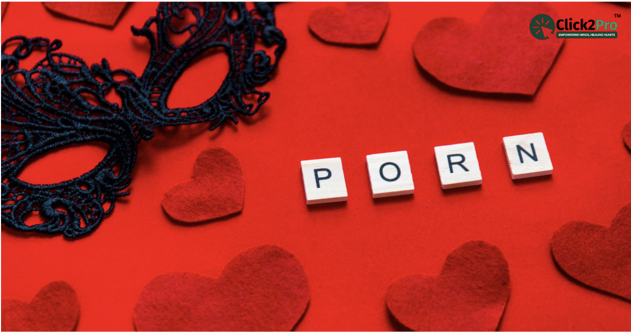 Heart-shaped cutouts and a mask with 'PORN' spelled out, symbolizing porn addiction's impact.