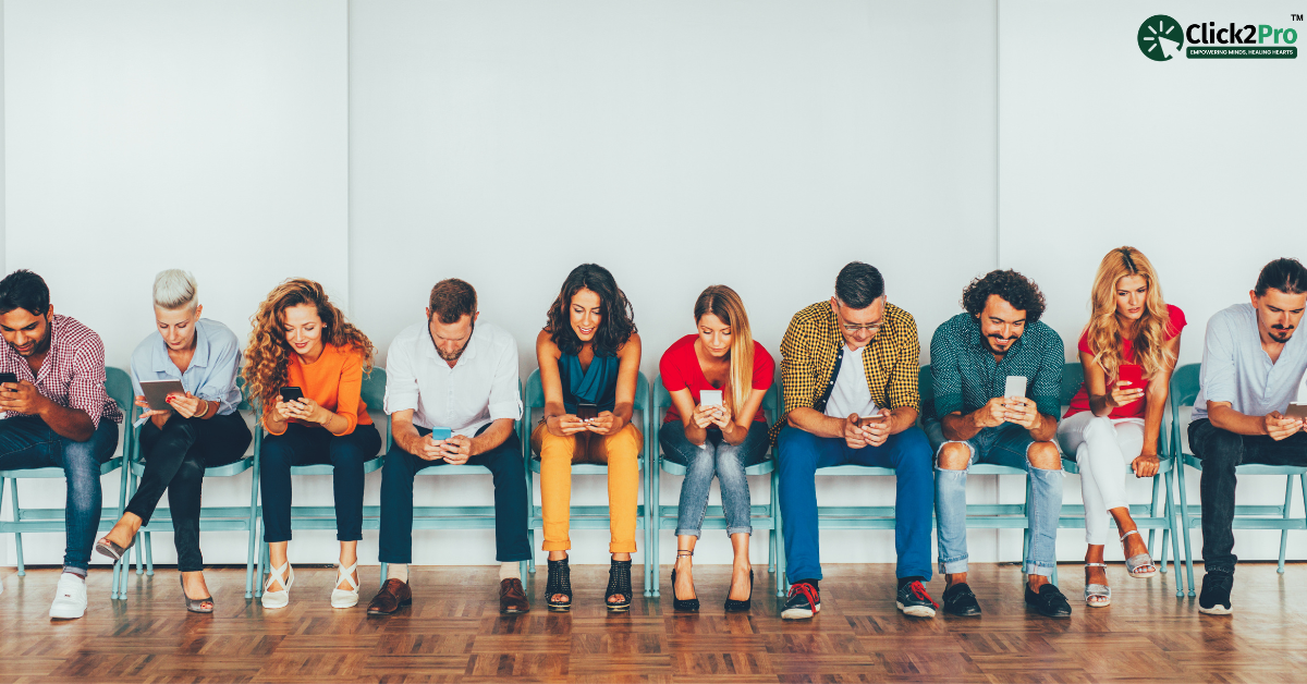 Group of diverse young adults on their phones reflecting social media's role in academic pressure and stress.