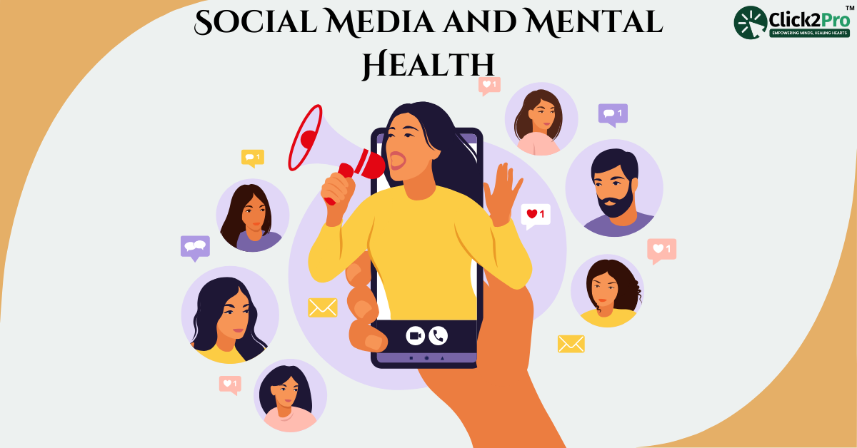 Illustration of social media's impact on mental health with diverse user connections and interactions.