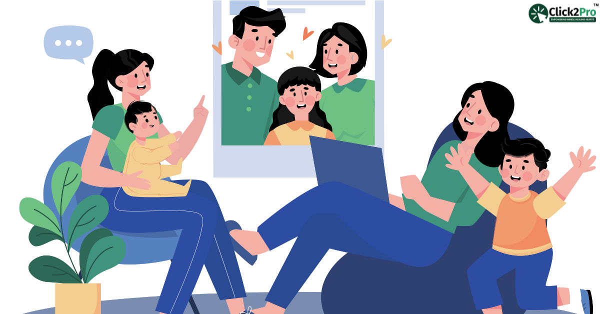 Family engaging in online psychologist consultation for supporting a child with ODD through Click2Pro.