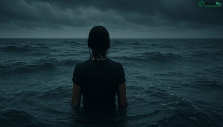 Person standing in deep ocean symbolizing thalassophobia and fear of the sea
